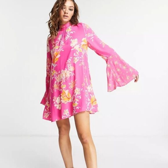 EUC Free People Tate Pink Flared Sleeve Floral Tunic Top Small - Picture 1 of 9